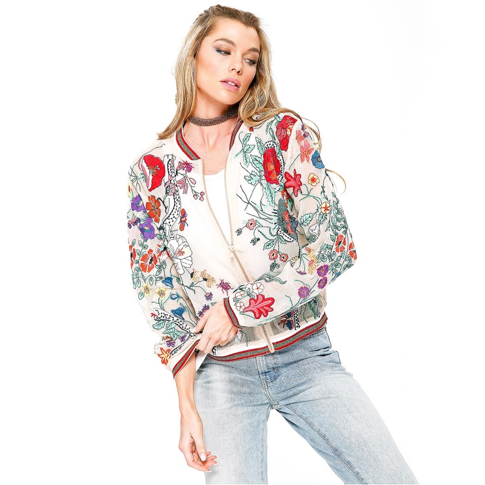 Aratta Bellezza Embroidered Sheer Bomber! Cream L
